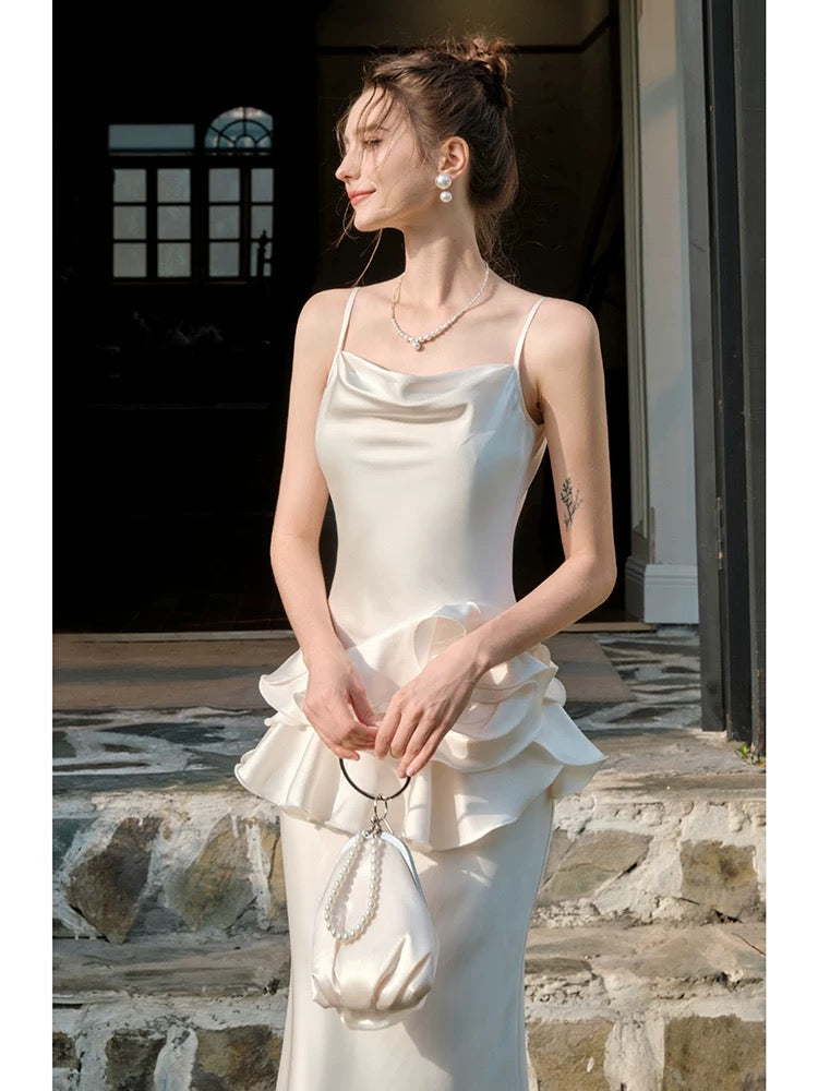 Elegant Mermaid Spaghetti Straps White Ruffles Prom Dresses Party Dresses C3573