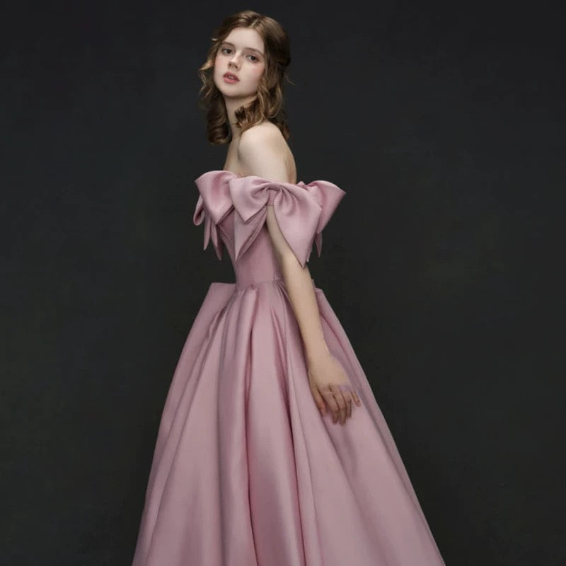 Elegant A line Off The Shoulder Satin Pink Evening Dress Long Prom Dresses C3574