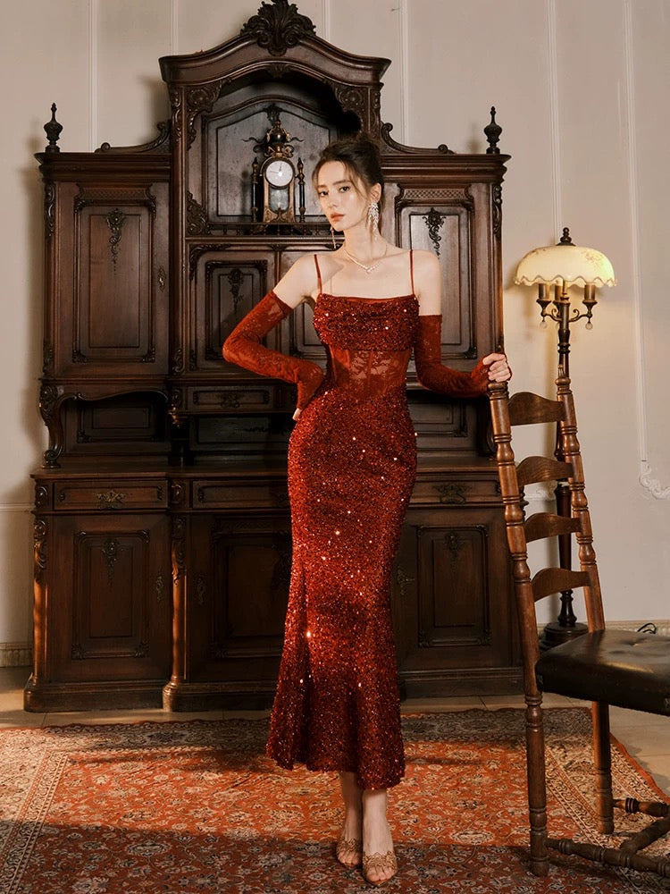 Elegant Mermaid Spaghetti Straps Burgundy Sequin Ruffles Prom Dresses Party Dresses C3575