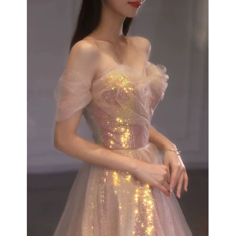 Elegant A line Off The Shoulder Sequin Pink Evening Dress Long Prom Dresses C3578