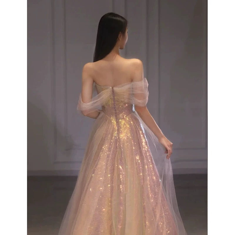 Elegant A line Off The Shoulder Sequin Pink Evening Dress Long Prom Dresses C3578