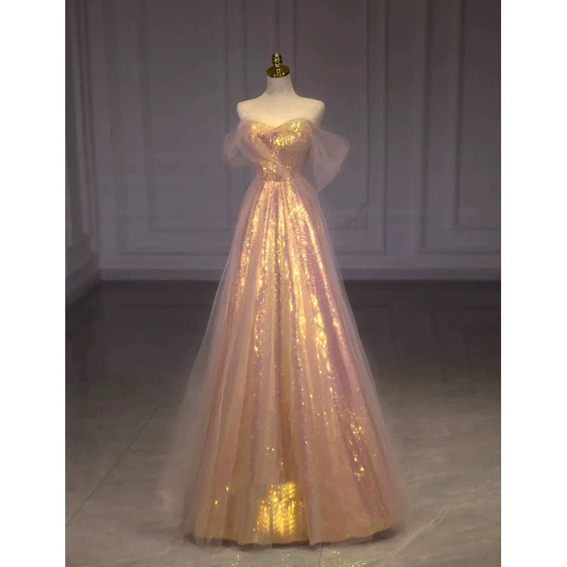 Elegant A line Off The Shoulder Sequin Pink Evening Dress Long Prom Dresses C3578