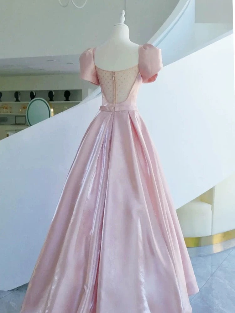 Elegant A line Square Neckline Satin Short Sleeves Pink Evening Dress Long Prom Dresses C3579