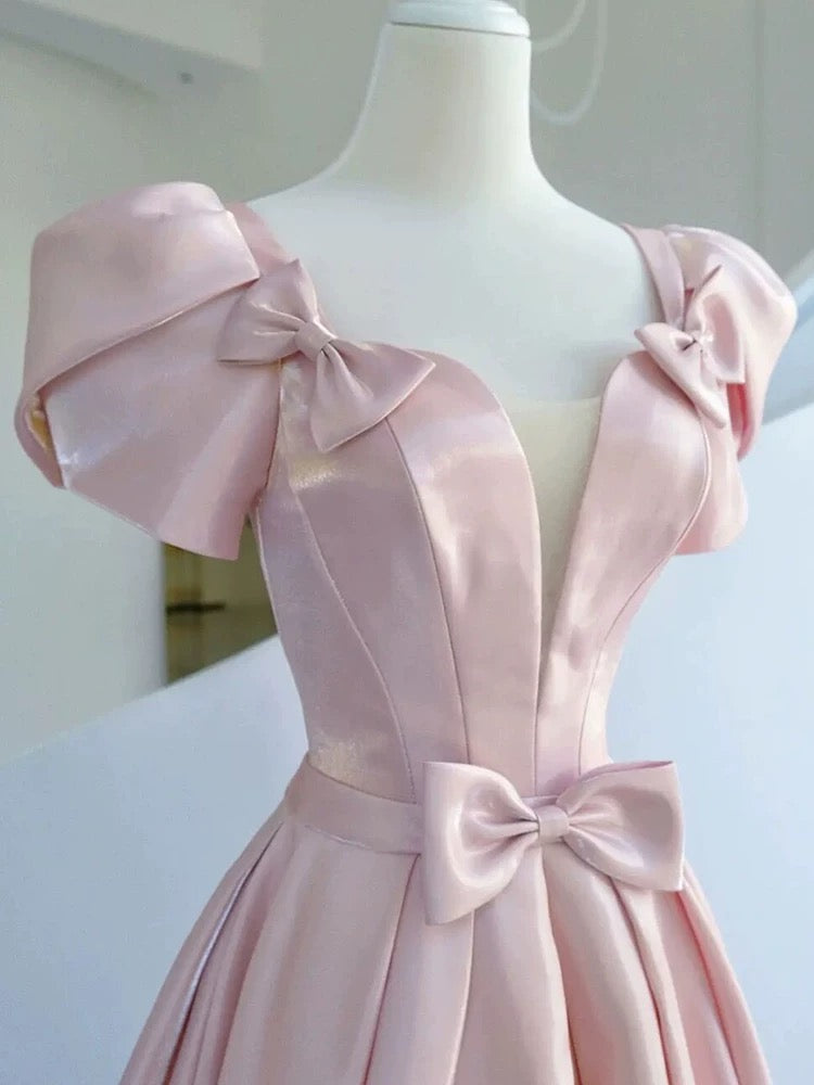 Elegant A line Square Neckline Satin Short Sleeves Pink Evening Dress Long Prom Dresses C3579