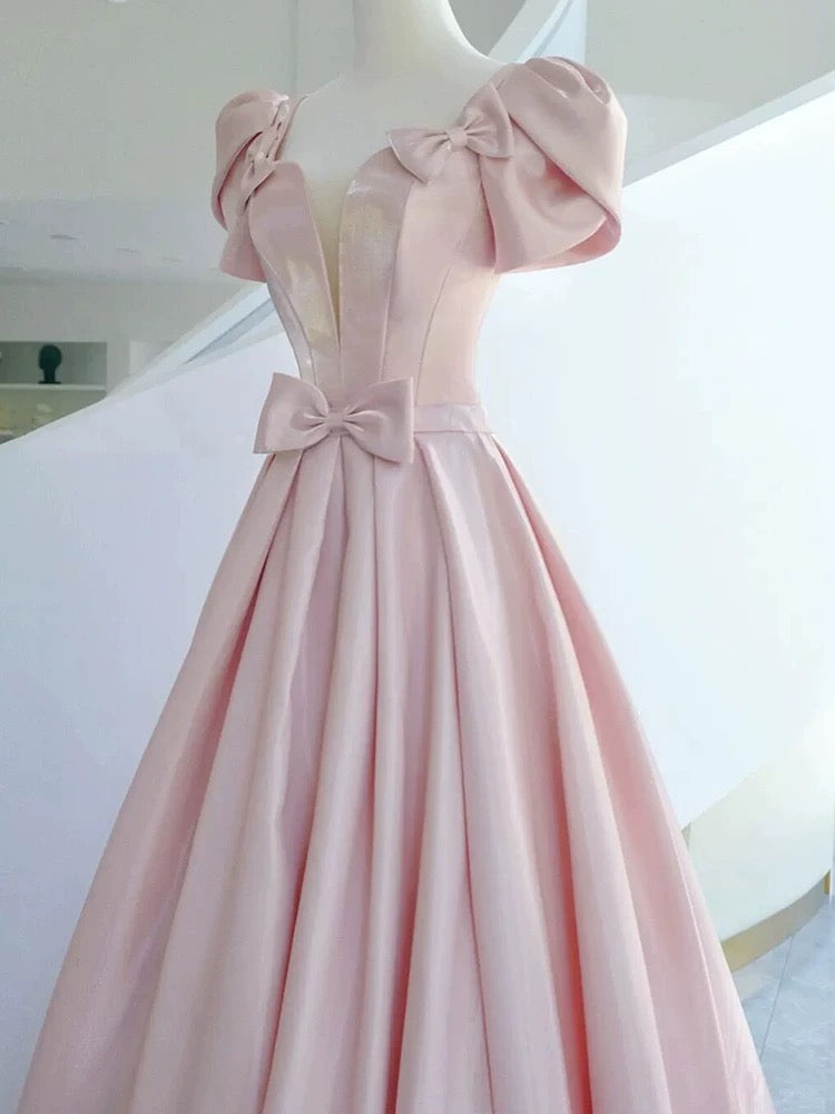 Elegant A line Square Neckline Satin Short Sleeves Pink Evening Dress Long Prom Dresses C3579