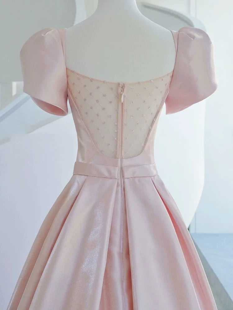 Elegant A line Square Neckline Satin Short Sleeves Pink Evening Dress Long Prom Dresses C3579