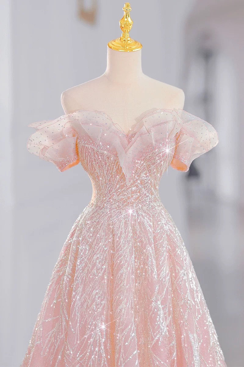 Elegant A line Off The Shoulder Sequin Pink Evening Dress Long Prom Dresses C3580