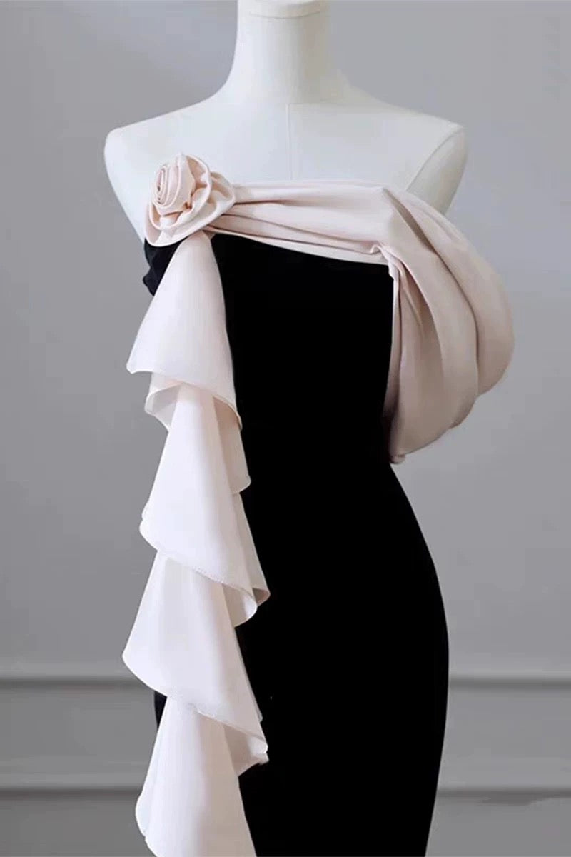 Elegant Mermaid Strapless Black Velvet Flowers Ruffles Prom Dresses Party Dresses C3582