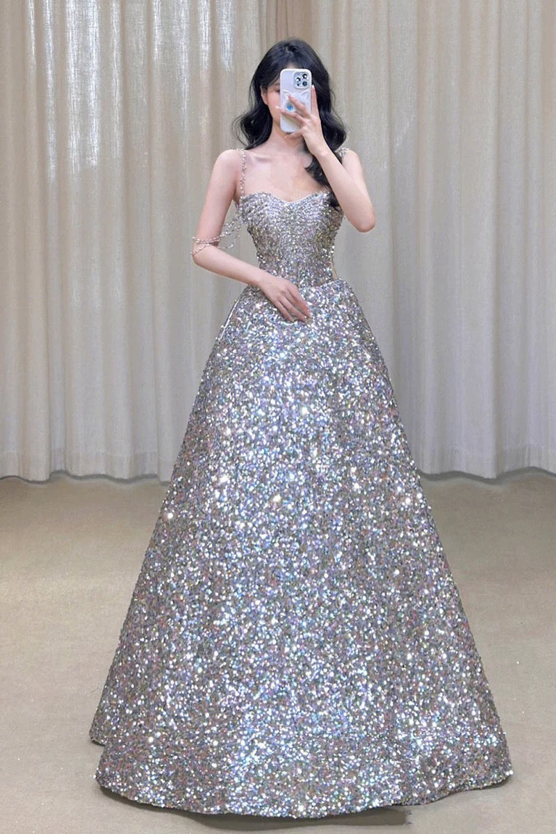Gorgeous Ball Gown Straps Sequin Silver Long Evening Dress Prom Dresse