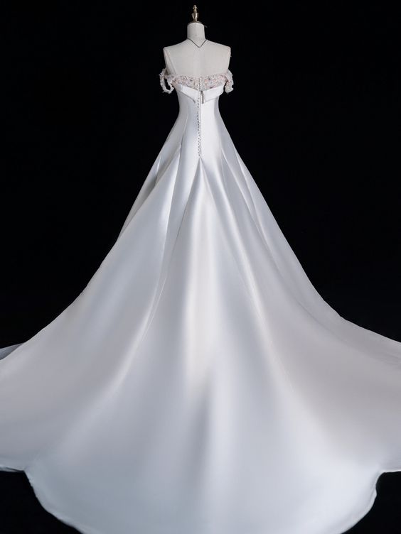 Elegant A line Off The Shoulder Satin Pearls Long White Wedding Dresses CC358