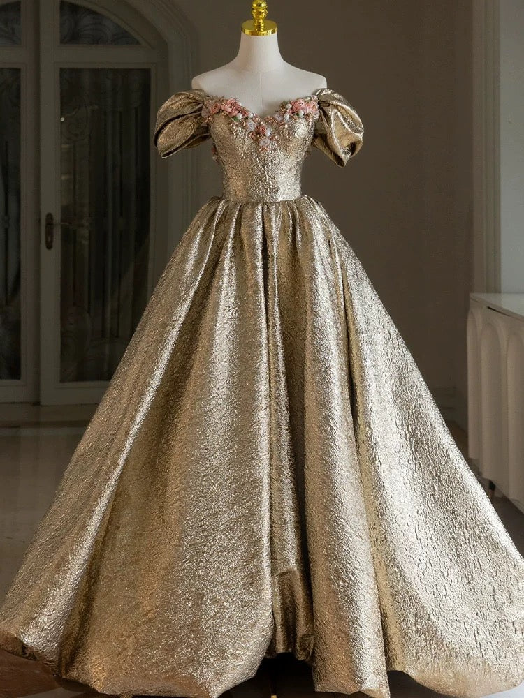 Pretty Ball Gown Off The Shoulder Gold Satin Long Ruffles Prom Dresses BlingDress Pretty Ball Gown Off The Shoulder Gold Satin Long Ruffles Prom Dresses BlingDress