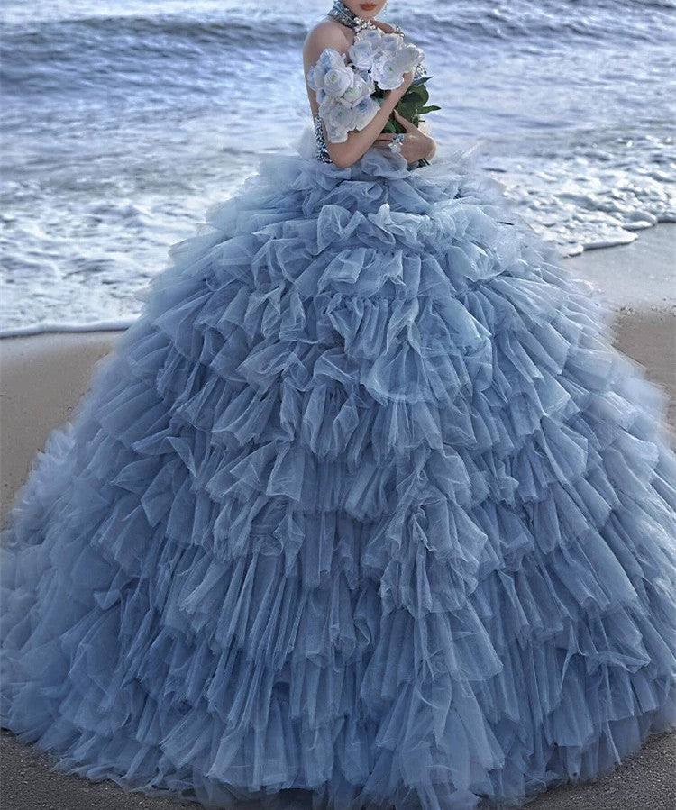 Pretty Ball Gown High Neckline Tulle Layers Long Blue Ruffles Prom Dre BlingDress Pretty Ball Gown High Neckline Tulle Layers Long Blue Ruffles Prom Dre BlingDress
