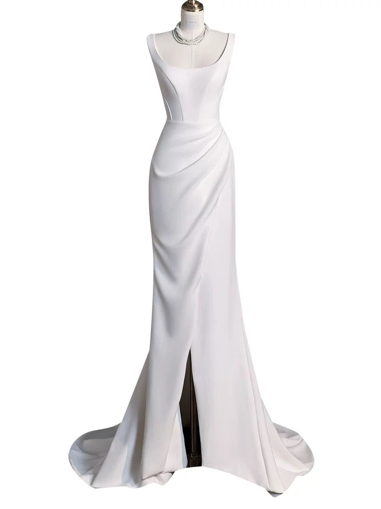 Chic Sheath Square Neckline Sleeveless White Satin Slit Wedding Dresses With Ruffles C3595