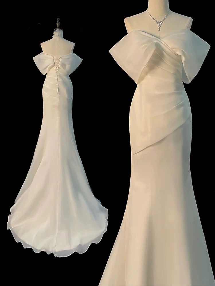 Chic Mermaid Off The Shoulder Short Sleeves Ivory Chiffon Wedding Dresses With Ruffles C3597