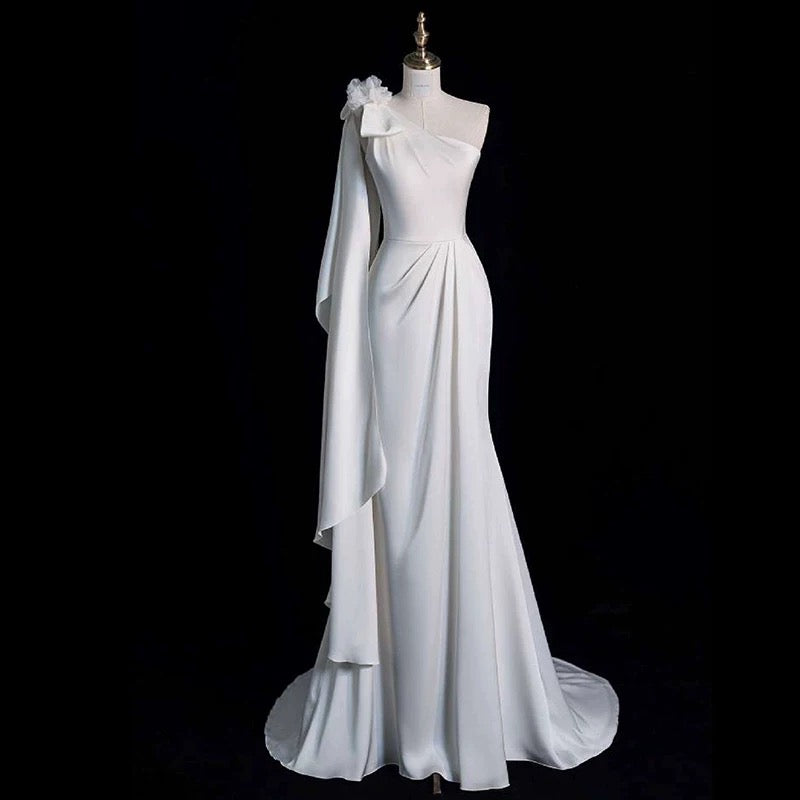 Chic Mermaid One Shoulder Sleeveless Ivory Chiffon Wedding Dresses With Flowers C3598