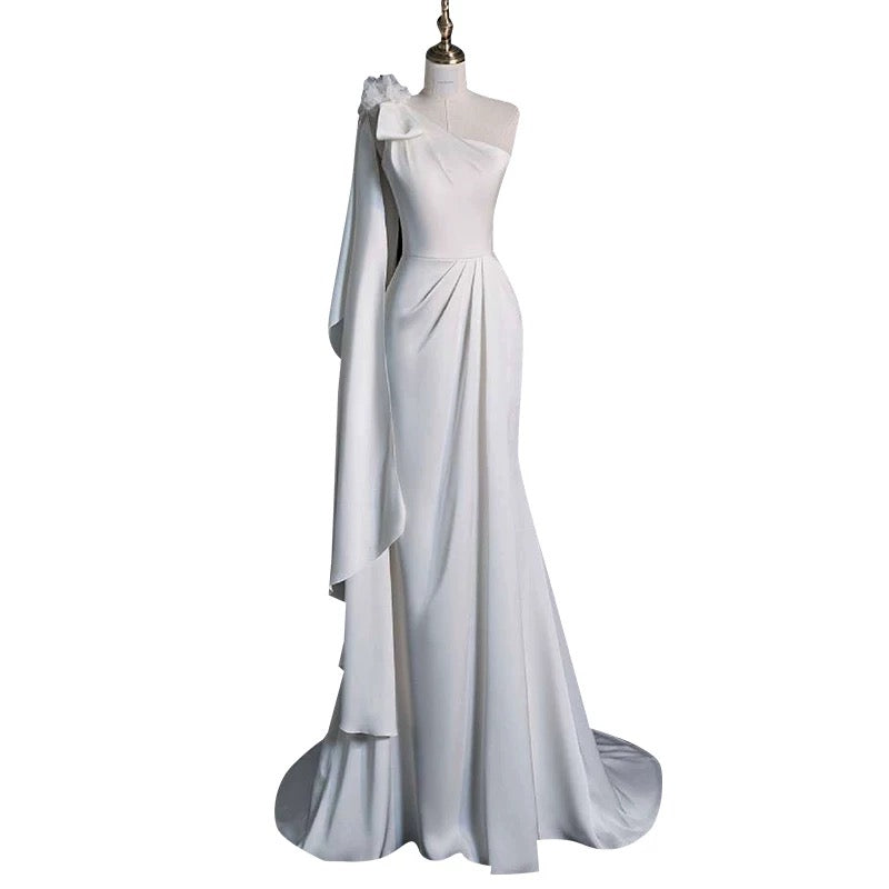 Chic Mermaid One Shoulder Sleeveless Ivory Chiffon Wedding Dresses With Flowers C3598