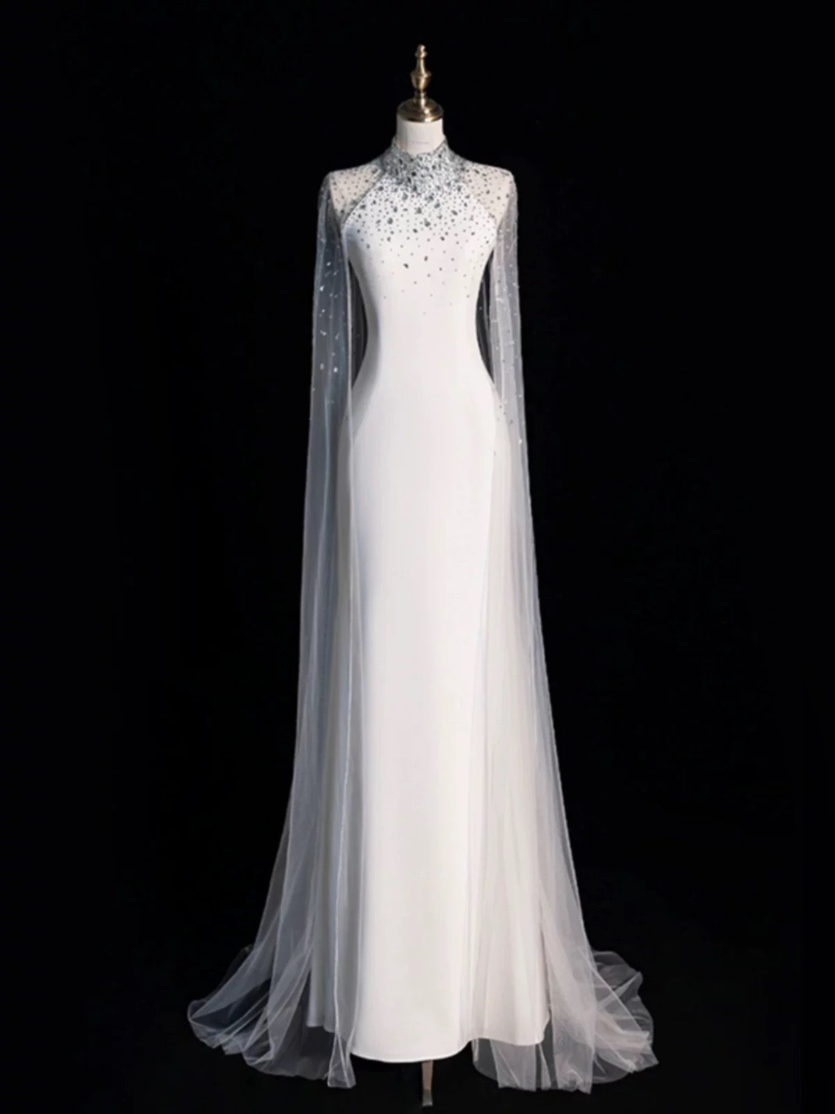 Chic Sheath High Neckline Sleeveless White Tulle Long Wedding Dresses With Beads C3599