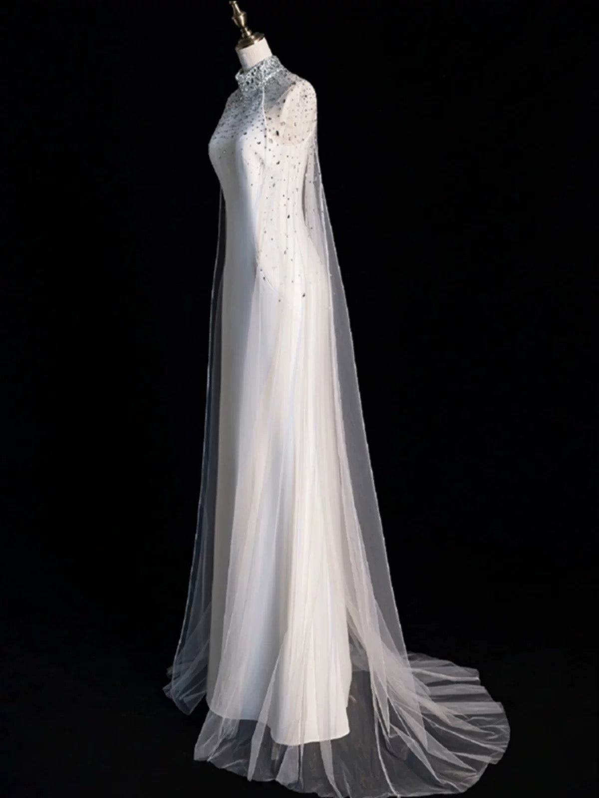 Chic Sheath High Neckline Sleeveless White Tulle Long Wedding Dresses With Beads C3599