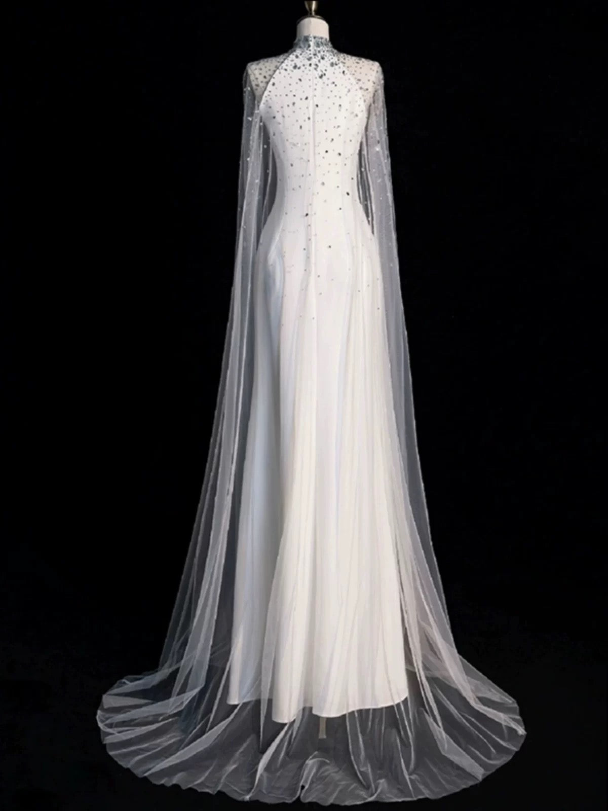Chic Sheath High Neckline Sleeveless White Tulle Long Wedding Dresses With Beads C3599