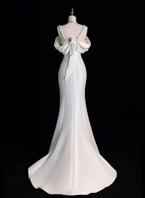 Elegant Mermaid Off The Shoulder Satin Pearls Long White Wedding Dresses CC359