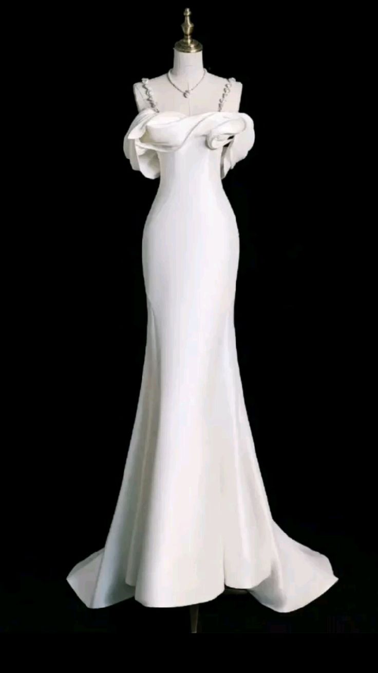 Elegant Mermaid Off The Shoulder Satin Pearls Long White Wedding Dresses CC359