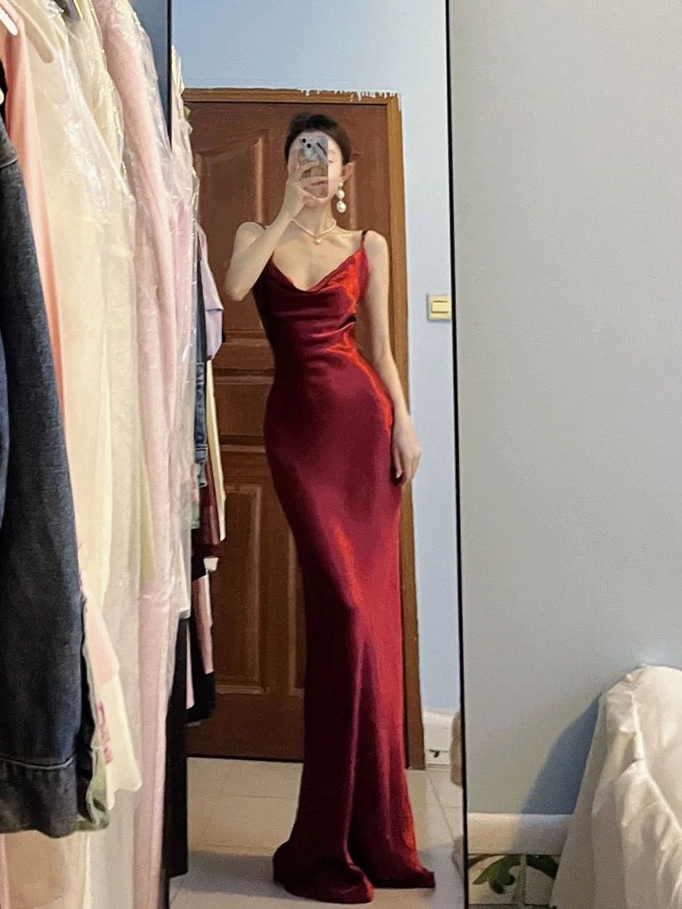 Pretty Mermaid Spaghetti Straps Burgundy Satin Long Floor Length Prom Dresses C3603