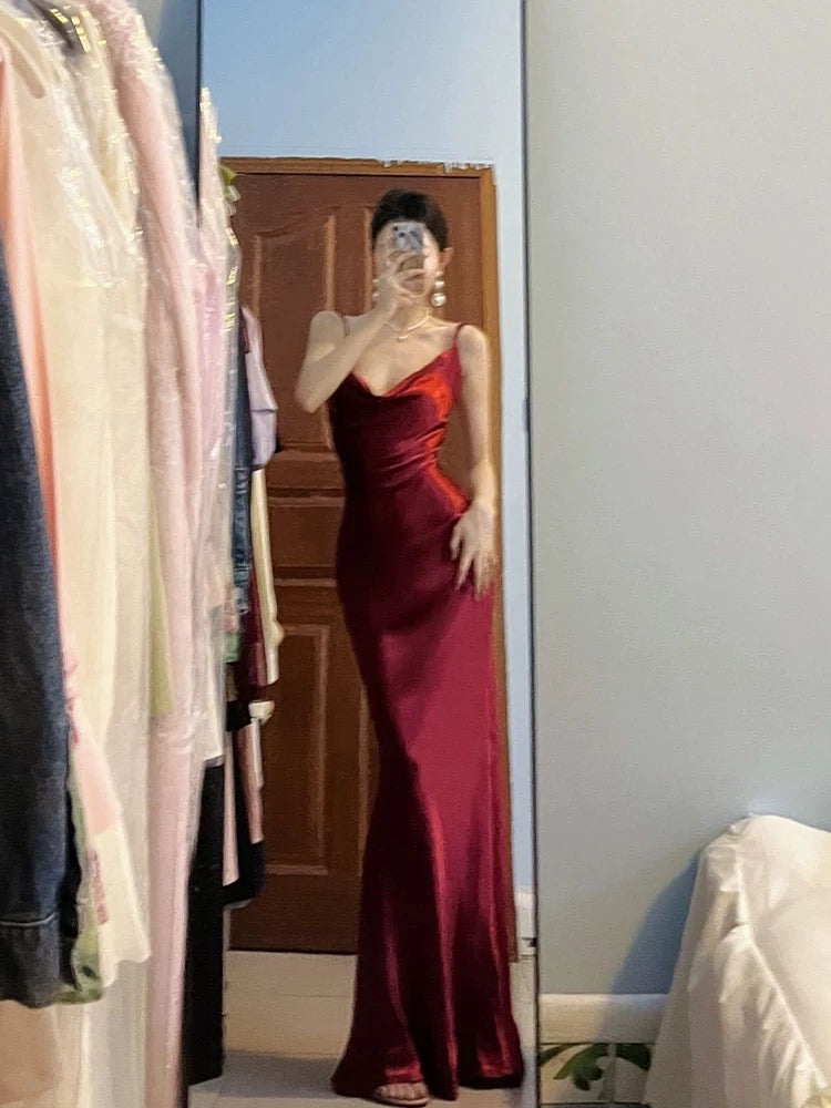 Pretty Mermaid Spaghetti Straps Burgundy Satin Long Floor Length Prom Dresses C3603