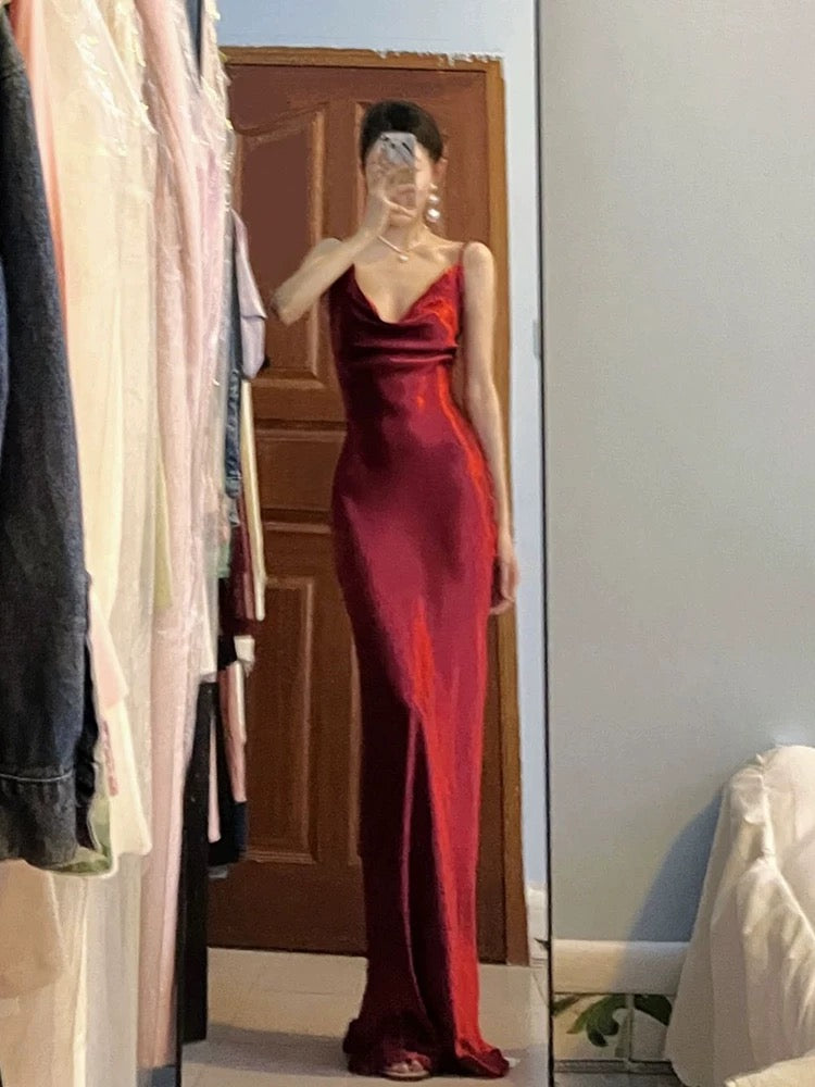 Pretty Mermaid Spaghetti Straps Burgundy Satin Long Floor Length Prom Dresses C3603