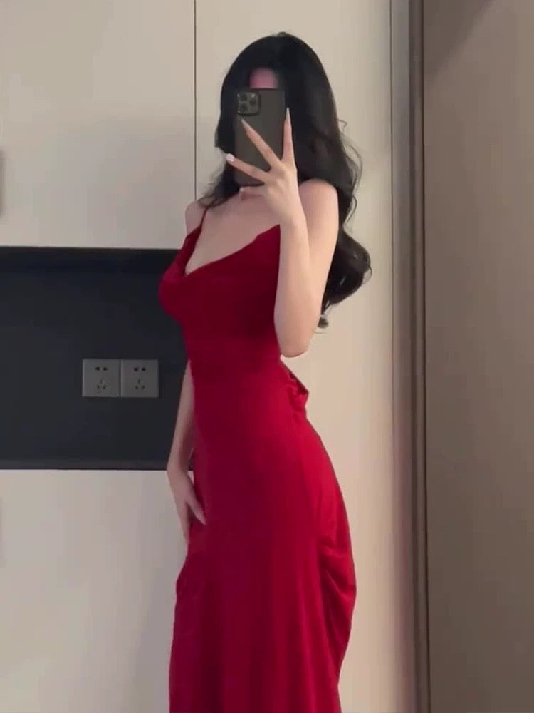 Gorgeous Sheath Spaghetti Straps Red Long Evening Dress Prom Dresses Birthday Outfits C3615