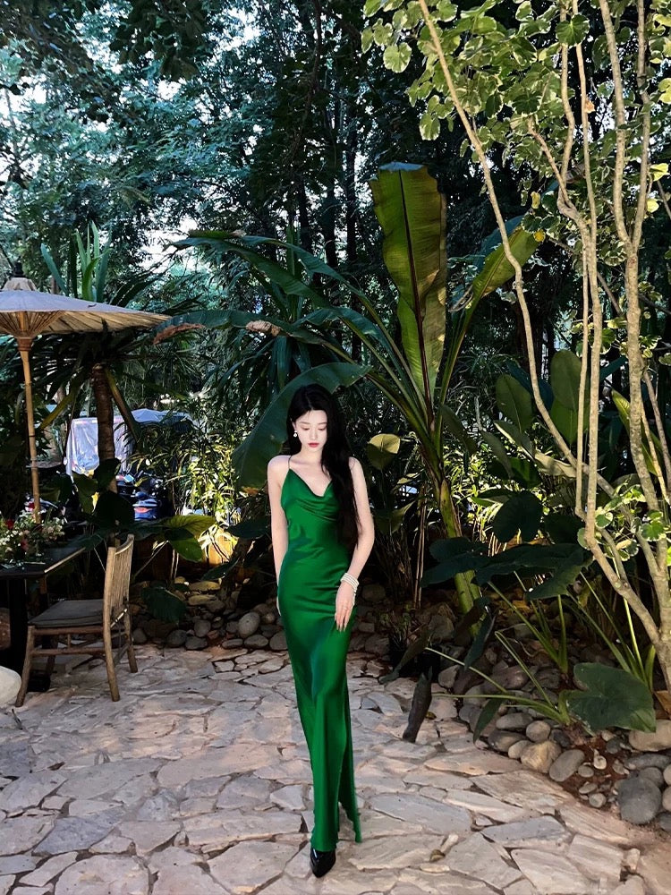 Vintage Mermaid Spaghetti Straps Green Satin Long Birthday Dress Prom Dresses C3631