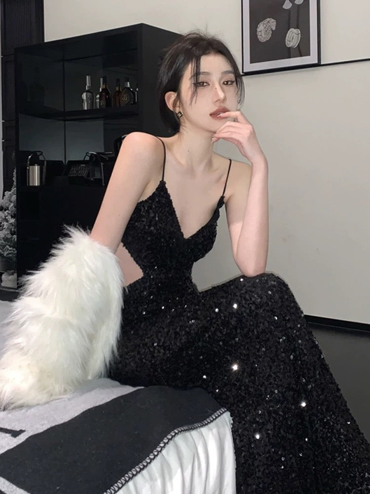 Gorgeous Sheath Spaghetti Straps Black Sequin Evening Dress Prom Dresses Birthday Outfits C3633