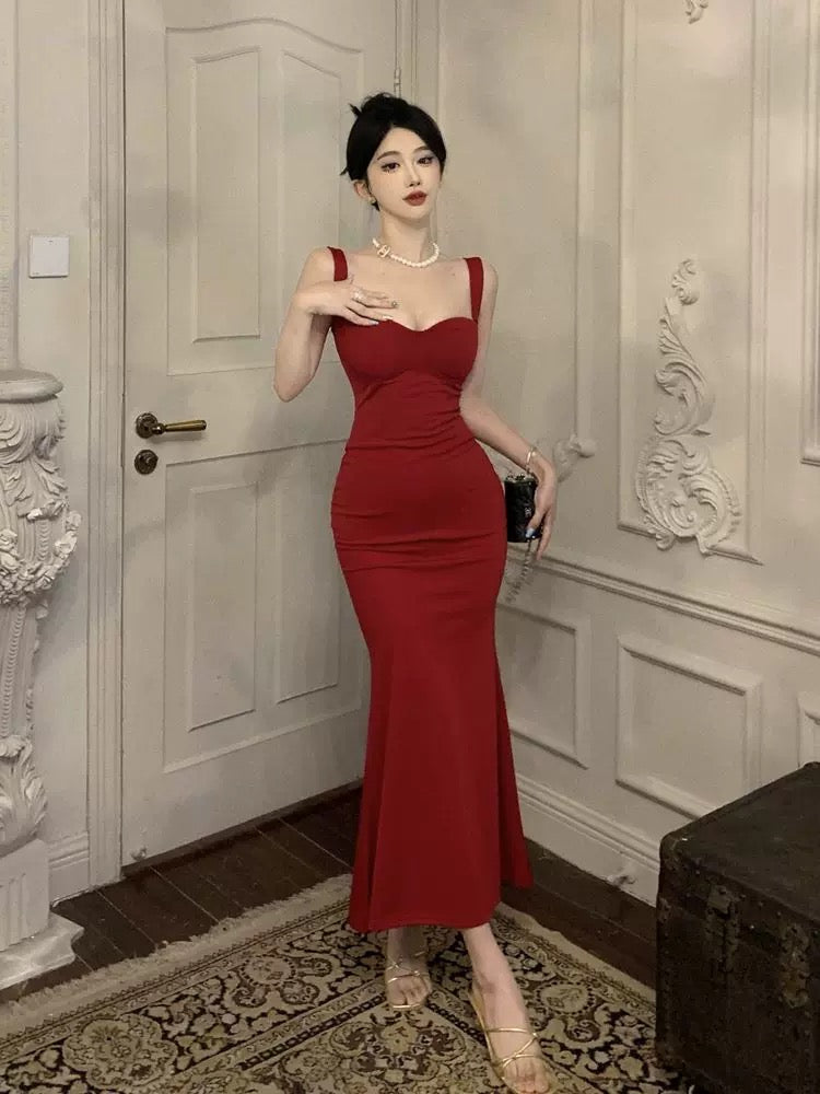 Vintage Mermaid Straps Black Satin Long Birthday Dress Prom Dresses C3642