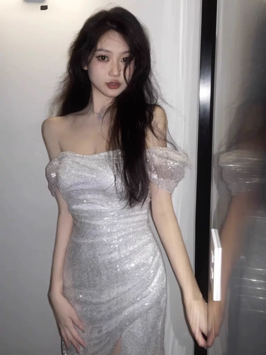 Robe fourreau sexy à épaules dénudées et paillettes, tenue de soirée courte, tenue d'anniversaire, C3645