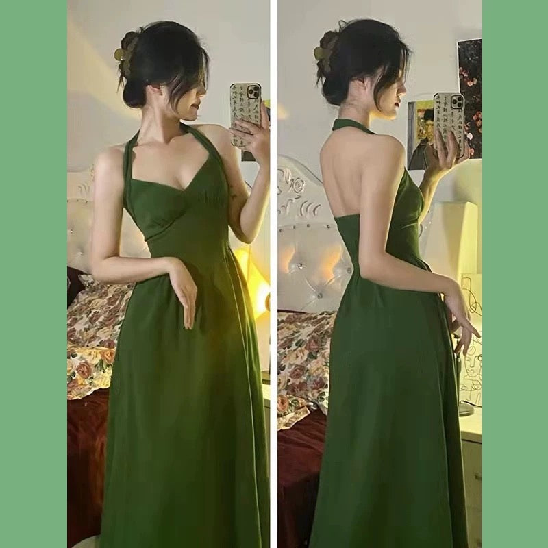 Elegant A line Halter Satin Green Sleeveless Prom Dresses birthday Party Dress C3648