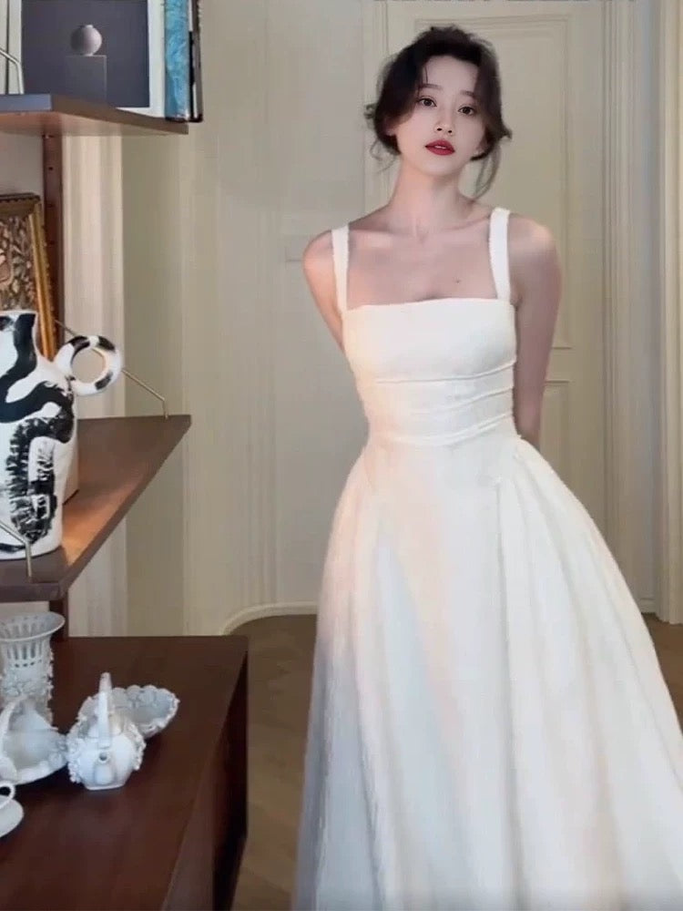 Simple A line Spaghetti Straps White Sleeveless Prom Dresses Birthday Party Dress C3655