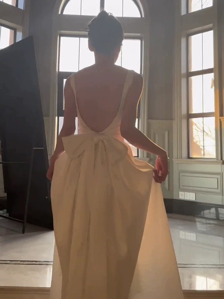 Vintage A Line Square Neckline White Sleeveless Satin Prom Dresses Birthday Party Dress C3657