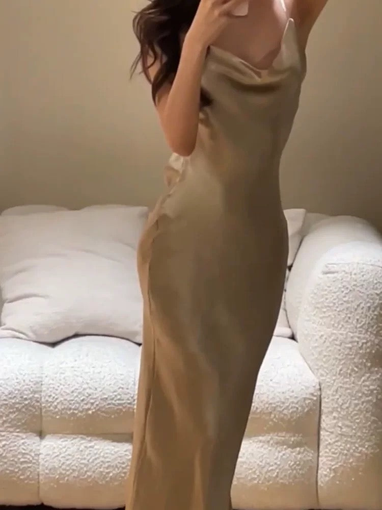 Vintage Mermaid Spaghetti Straps Champagne Sleeveless Satin Prom Dresses Birthday Party Dress C3659
