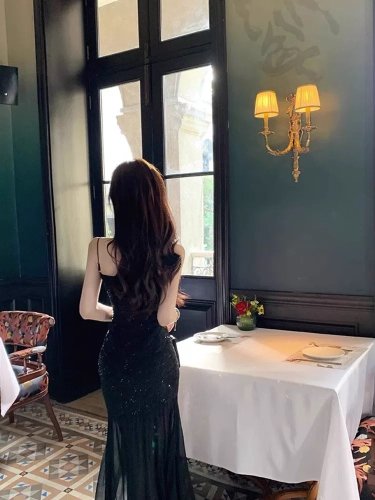 Vintage Mermaid Spaghetti Straps Black Lace Sleeveless Prom Dresses Birthday Party Dress C3660