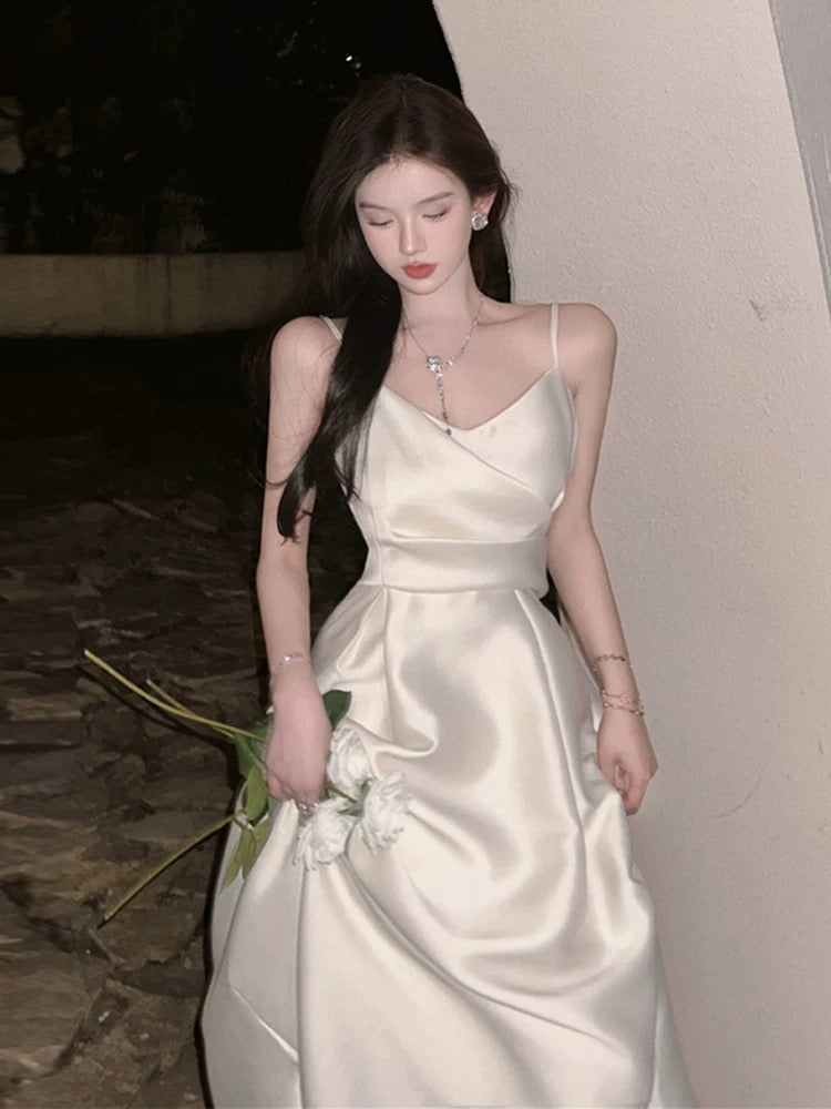 Vintage A Line Spaghetti Straps Satin Ivory Sleeveless Prom Dresses Birthday Party Dress C3662