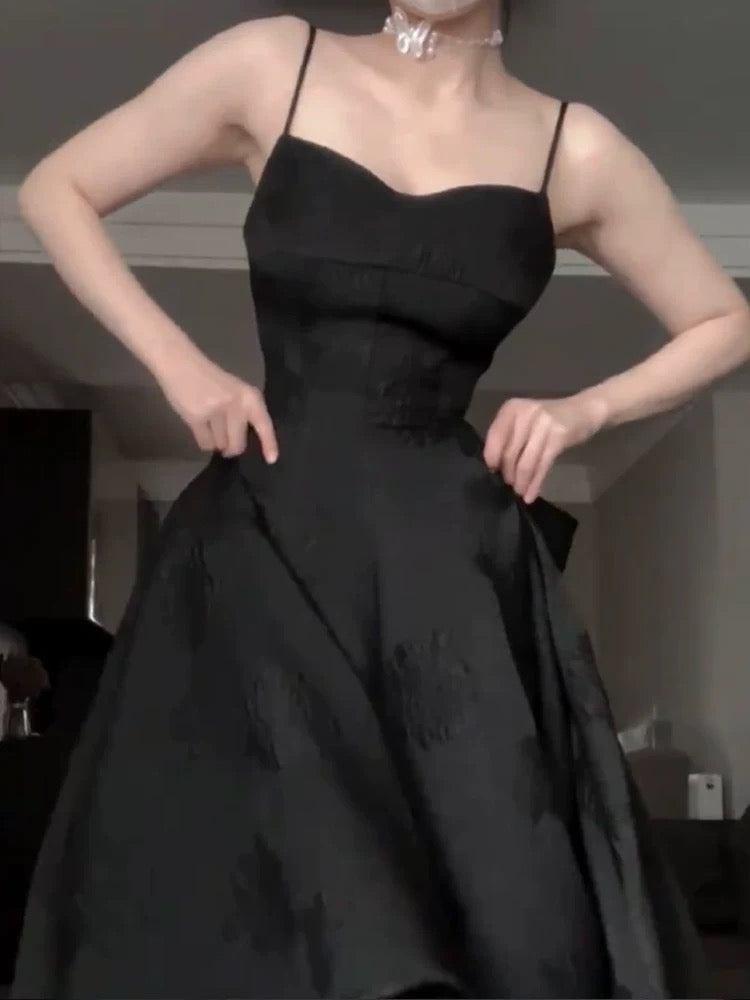 Vintage A Line Spaghetti Straps Satin Black Sleeveless Prom Dresses Birthday Party Dress C3664