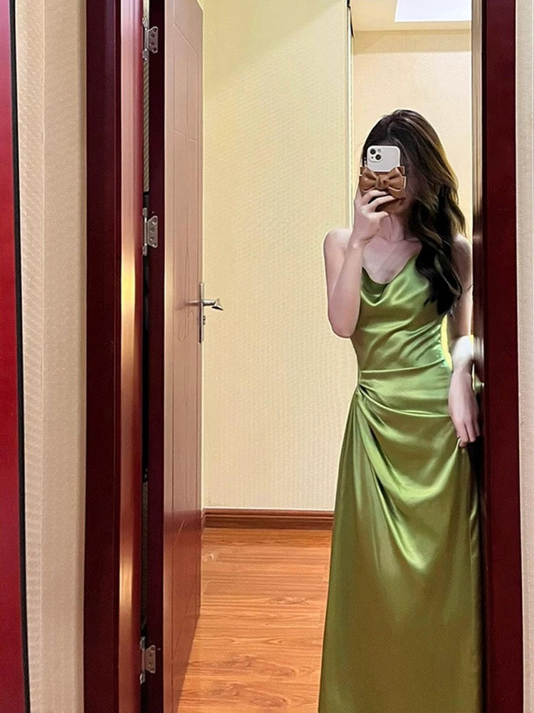 Pretty Sheath Spaghetti Straps Green Satin Long Evening Dress Prom Dresses With Ruffles C3665