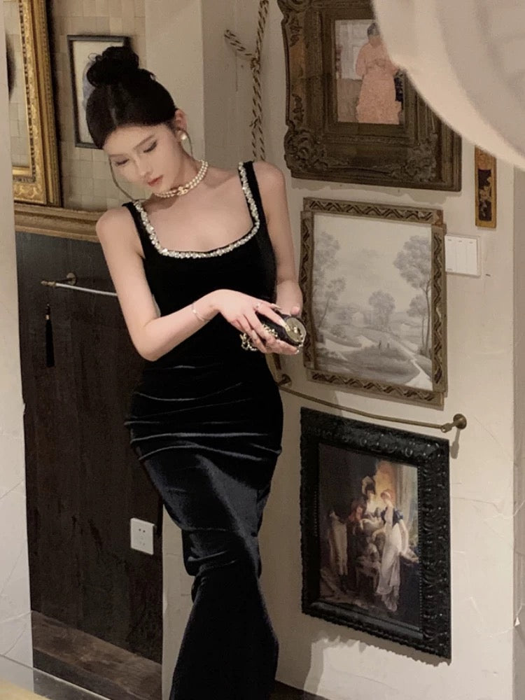 Vintage Sheath Straps Black Velvet Long Evening Dress Prom Dresses C3671