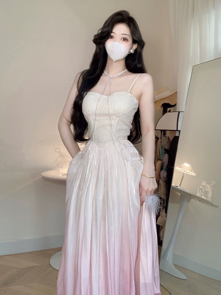 Vintage A Line Spaghetti Straps Ombre Pink Long Evening Dress Prom Dresses C3672