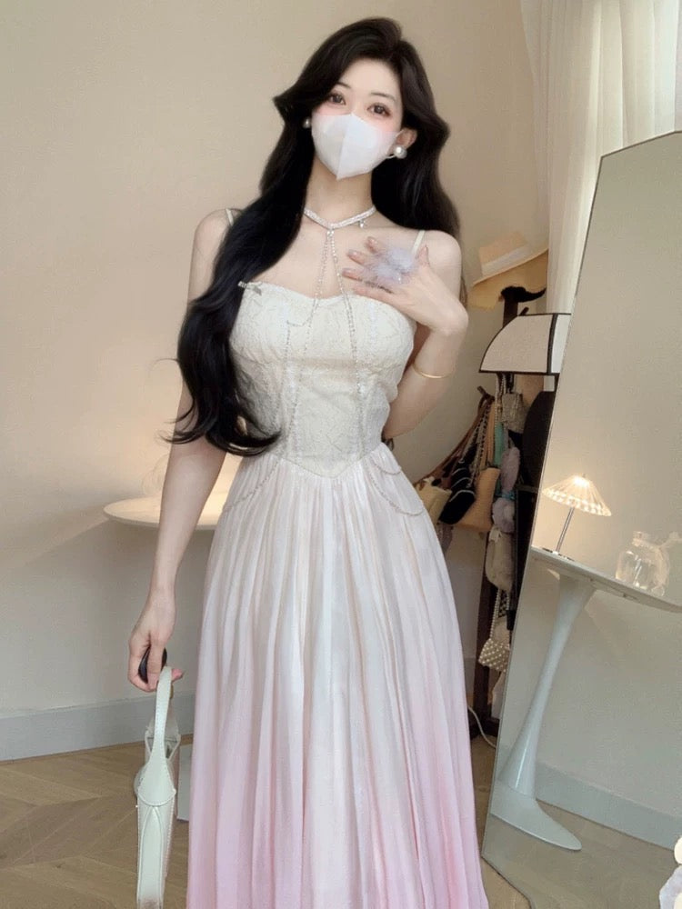 Vintage A Line Spaghetti Straps Ombre Pink Long Evening Dress Prom Dresses C3672