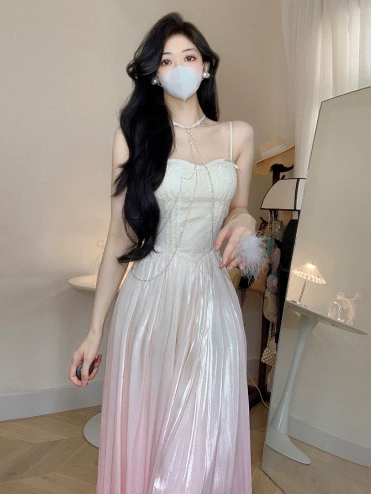 Vintage A Line Spaghetti Straps Ombre Pink Long Evening Dress Prom Dresses C3672