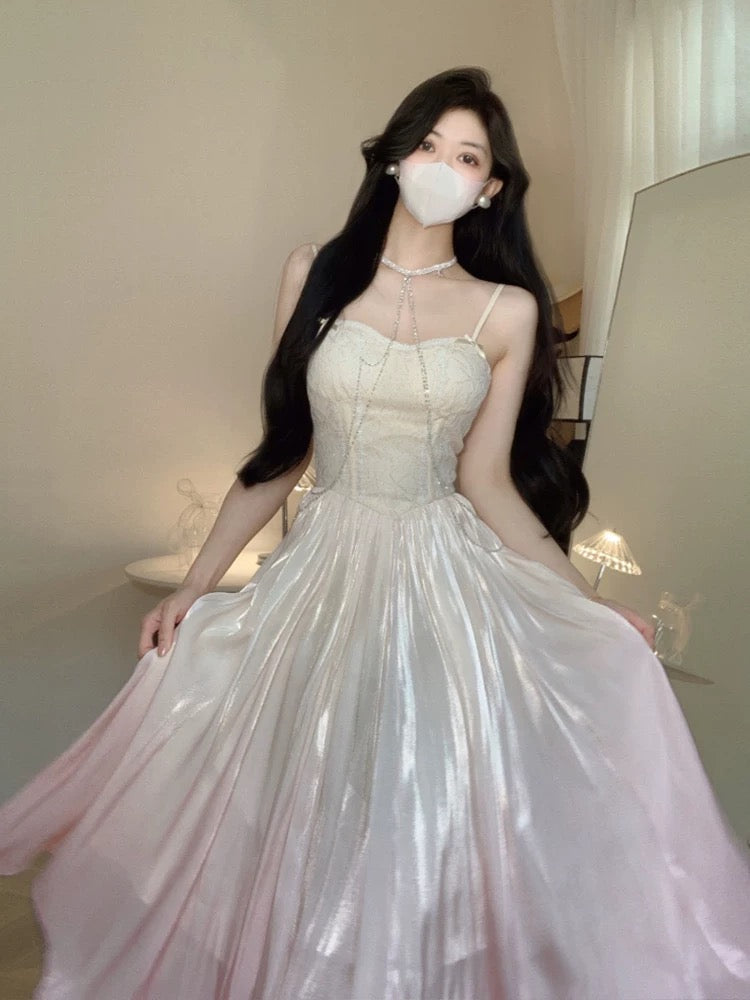 Vintage A Line Spaghetti Straps Ombre Pink Long Evening Dress Prom Dresses C3672