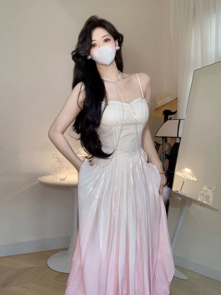 Vintage A Line Spaghetti Straps Ombre Pink Long Evening Dress Prom Dresses C3672