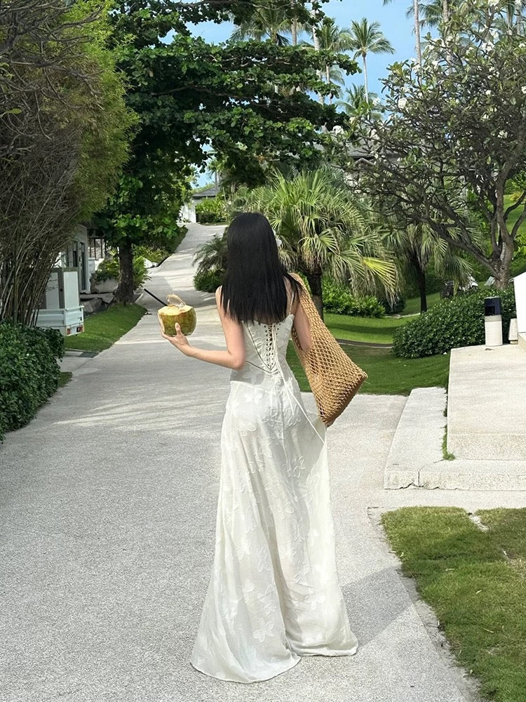 Robe de soirée longue vintage à bretelles spaghetti en dentelle blanche, robe de bal C3674
