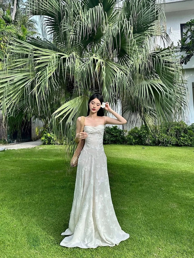 Robe de soirée longue vintage à bretelles spaghetti en dentelle blanche, robe de bal C3674