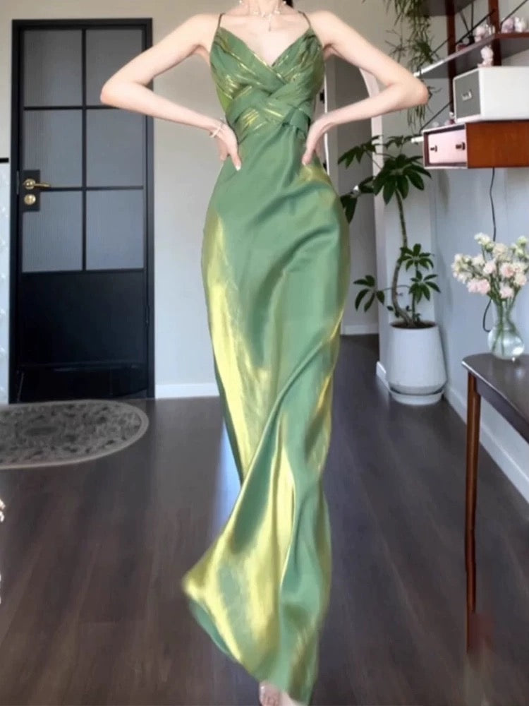 Vintage Sheath Spaghetti Straps Green Chiffon Long Evening Dress Prom Dresses C3675